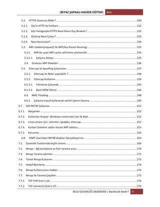 [BEYAZ	
  ŞAPKALI	
  HACKER	
  EĞİTİMİ]	
   BGA	
  
	
  
BİLGİ	
  GÜVENLİĞİ	
  AKADEMİSİ	
  |	
  Backtrack	
  Nedir?	
   9	
  
	
  
5.2.	
   HTTPS	
  Güvensiz	
  Midir?	
  ...............................................................................................................	
  230	
  
5.2.1.	
   SSL’in	
  HTTP	
  ile	
  İmtihanı	
  ............................................................................................................	
  232	
  
5.2.2.	
   Göz	
  Yanılgısıyla	
  HTTPS	
  Nasıl	
  Devre	
  Dışı	
  Bırakılır?	
  .....................................................................	
  233	
  
5.2.3.	
   SSLStrip	
  Nasıl	
  Çalışır?	
  ...............................................................................................................	
  233	
  
5.2.4.	
   Nasıl	
  Korunulur?	
  ......................................................................................................................	
  234	
  
5.3.	
   ARP	
  istekleri(request)	
  ile	
  ARP(Arp	
  Poison	
  Routing)	
  ....................................................................	
  235	
  
5.3.1.	
   APR	
  bir	
  çeşit	
  ARP	
  cache	
  zehirleme	
  yöntemidir.	
  ...................................................................	
  235	
  
5.3.1.1.	
   Çalışma	
  Detayı	
  ...................................................................................................................	
  235	
  
5.4.	
   Gratious	
  ARP	
  Paketleri..	
  ..........................................................................................................	
  236	
  
5.5.	
   Ettercap	
  ile	
  Spoofing	
  Çalışmaları	
  ................................................................................................	
  237	
  
5.5.1.	
   Ettercap	
  ile	
  Neler	
  yapılabilir	
  ?	
  ..............................................................................................	
  238	
  
5.5.2.	
   Ettercap	
  Kullanımı	
  ................................................................................................................	
  239	
  
6.5.3.1.	
   Filtrelerle	
  Çalışmak	
  ............................................................................................................	
  245	
  
6.5.3.2.	
   Basit	
  MSN	
  Filtresi	
  ..............................................................................................................	
  246	
  
6.6.	
   MAC	
  Flooding	
  ..........................................................................................................................	
  248	
  
6.6.1.	
   Çalışma:macof	
  kullanarak	
  switch	
  işlevini	
  bozma	
  .................................................................	
  249	
  
6.7.	
   SSH	
  MITM	
  Çalışması	
  ........................................................................................................................	
  252	
  
6.7.1.	
   Bileşenler:	
  ....................................................................................................................................	
  252	
  
6.7.2.	
   Kullanılan	
  Araçlar:	
  Windows	
  ortamında	
  Cain	
  &	
  Abel	
  ...................................................................	
  252	
  
6.7.3.	
   Linux	
  ortamı	
  için:	
  sshmitm,	
  iptables,	
  ettercap	
  .............................................................................	
  252	
  
6.7.4.	
   Kurban	
  Sistemin	
  saldırı	
  öncesi	
  ARP	
  tablosu	
  .................................................................................	
  253	
  
6.7.5.	
   Korunma	
  ......................................................................................................................................	
  263	
  
6.8.	
   ICMP	
  Üzerinden	
  MITM	
  Atakları	
  Gerçekleştirme	
  .........................................................................	
  263	
  
7.1.	
   Güvenlik	
  Testlerinde	
  keşfin	
  önemi	
  ..................................................................................................	
  269	
  
7.2.	
   Nmap	
  –	
  Ağ	
  haritalama	
  ve	
  Port	
  tarama	
  aracı	
  ...................................................................................	
  270	
  
7.3.	
   Nmap	
  Tarama	
  adımları	
  ...................................................................................................................	
  271	
  
7.4.	
   Temel	
  Nmap	
  Kullanımı	
  ....................................................................................................................	
  273	
  
7.5.	
   Hedef	
  Belirleme	
  ..............................................................................................................................	
  274	
  
7.6.	
   Nmap	
  Kullanıcısının	
  Hakları	
  ............................................................................................................	
  274	
  
7.7.	
   Nmap	
  ile	
  Tarama	
  Çeşitleri	
  ...............................................................................................................	
  275	
  
7.7.1.	
   TCP	
  SYN	
  Scan	
  (-­‐sS)	
  ........................................................................................................................	
  276	
  
7.7.2.	
   TCP	
  connect()	
  Scan	
  (-­‐sT)	
  ..............................................................................................................	
  279	
  
 