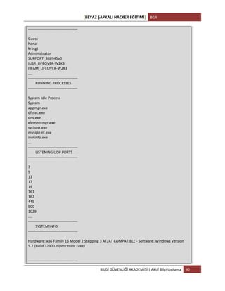 [BEYAZ	
  ŞAPKALI	
  HACKER	
  EĞİTİMİ]	
   BGA	
  
	
  
BİLGİ	
  GÜVENLİĞİ	
  AKADEMİSİ	
  |	
  Aktif	
  Bilgi	
  toplama	
   90	
  
	
  
-­‐-­‐-­‐-­‐-­‐-­‐-­‐-­‐-­‐-­‐-­‐-­‐-­‐-­‐-­‐-­‐-­‐-­‐-­‐-­‐-­‐-­‐-­‐-­‐-­‐-­‐-­‐-­‐-­‐-­‐-­‐-­‐-­‐-­‐-­‐-­‐-­‐-­‐-­‐-­‐	
  
	
  
Guest	
  
honal	
  
krbtgt	
  
Administrator	
  
SUPPORT_388945a0	
  
IUSR_LIFEOVER-­‐W2K3	
  
IWAM_LIFEOVER-­‐W2K3	
  
....	
  
-­‐-­‐-­‐-­‐-­‐-­‐-­‐-­‐-­‐-­‐-­‐-­‐-­‐-­‐-­‐-­‐-­‐-­‐-­‐-­‐-­‐-­‐-­‐-­‐-­‐-­‐-­‐-­‐-­‐-­‐-­‐-­‐-­‐-­‐-­‐-­‐-­‐-­‐-­‐-­‐	
  
	
  	
  	
  	
  	
  	
  	
  	
  RUNNING	
  PROCESSES	
  
-­‐-­‐-­‐-­‐-­‐-­‐-­‐-­‐-­‐-­‐-­‐-­‐-­‐-­‐-­‐-­‐-­‐-­‐-­‐-­‐-­‐-­‐-­‐-­‐-­‐-­‐-­‐-­‐-­‐-­‐-­‐-­‐-­‐-­‐-­‐-­‐-­‐-­‐-­‐-­‐	
  
	
  
System	
  Idle	
  Process	
  
System	
  
appmgr.exe	
  
dfssvc.exe	
  
dns.exe	
  
elementmgr.exe	
  
svchost.exe	
  
mysqld-­‐nt.exe	
  
inetinfo.exe	
  
...	
  
-­‐-­‐-­‐-­‐-­‐-­‐-­‐-­‐-­‐-­‐-­‐-­‐-­‐-­‐-­‐-­‐-­‐-­‐-­‐-­‐-­‐-­‐-­‐-­‐-­‐-­‐-­‐-­‐-­‐-­‐-­‐-­‐-­‐-­‐-­‐-­‐-­‐-­‐-­‐-­‐	
  
	
  	
  	
  	
  	
  	
  	
  	
  LISTENING	
  UDP	
  PORTS	
  
-­‐-­‐-­‐-­‐-­‐-­‐-­‐-­‐-­‐-­‐-­‐-­‐-­‐-­‐-­‐-­‐-­‐-­‐-­‐-­‐-­‐-­‐-­‐-­‐-­‐-­‐-­‐-­‐-­‐-­‐-­‐-­‐-­‐-­‐-­‐-­‐-­‐-­‐-­‐-­‐	
  
	
  
7	
  
9	
  
13	
  
17	
  
19	
  
161	
  
162	
  
445	
  
500	
  
1029	
  
....	
  
-­‐-­‐-­‐-­‐-­‐-­‐-­‐-­‐-­‐-­‐-­‐-­‐-­‐-­‐-­‐-­‐-­‐-­‐-­‐-­‐-­‐-­‐-­‐-­‐-­‐-­‐-­‐-­‐-­‐-­‐-­‐-­‐-­‐-­‐-­‐-­‐-­‐-­‐-­‐-­‐	
  
	
  	
  	
  	
  	
  	
  	
  	
  SYSTEM	
  INFO	
  
-­‐-­‐-­‐-­‐-­‐-­‐-­‐-­‐-­‐-­‐-­‐-­‐-­‐-­‐-­‐-­‐-­‐-­‐-­‐-­‐-­‐-­‐-­‐-­‐-­‐-­‐-­‐-­‐-­‐-­‐-­‐-­‐-­‐-­‐-­‐-­‐-­‐-­‐-­‐-­‐	
  
	
  
Hardware:	
  x86	
  Family	
  16	
  Model	
  2	
  Stepping	
  3	
  AT/AT	
  COMPATIBLE	
  -­‐	
  Software:	
  Windows	
  Version	
  
5.2	
  (Build	
  3790	
  Uniprocessor	
  Free)	
  
	
  
	
  
-­‐-­‐-­‐-­‐-­‐-­‐-­‐-­‐-­‐-­‐-­‐-­‐-­‐-­‐-­‐-­‐-­‐-­‐-­‐-­‐-­‐-­‐-­‐-­‐-­‐-­‐-­‐-­‐-­‐-­‐-­‐-­‐-­‐-­‐-­‐-­‐-­‐-­‐-­‐-­‐	
  
 