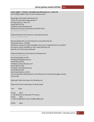 [BEYAZ	
  ŞAPKALI	
  HACKER	
  EĞİTİMİ]	
   BGA	
  
	
  
BİLGİ	
  GÜVENLİĞİ	
  AKADEMİSİ	
  |	
  Aktif	
  Bilgi	
  toplama	
   93	
  
	
  
netsec-­‐egitim	
  ~	
  #	
  dmitry	
  -­‐winsepfb	
  www.lifeoverip.net	
  -­‐o	
  rapor.txt	
  
tüm	
  bulduğu	
  bilgileri	
  rapor.txt	
  isimli	
  dosyaya	
  yazar.	
  
	
  
Deepmagic	
  Information	
  Gathering	
  Tool	
  
"There	
  be	
  some	
  deep	
  magic	
  going	
  on"	
  
Writing	
  output	
  to	
  'rapor.txt'	
  
HostIP:80.93.23.83	
  
HostName:www.lifeoverip.net	
  
Gathered	
  Inet-­‐whois	
  information	
  for	
  80.93.23.83	
  
-­‐-­‐-­‐-­‐-­‐-­‐-­‐-­‐-­‐-­‐-­‐-­‐-­‐-­‐-­‐-­‐-­‐-­‐-­‐-­‐-­‐-­‐-­‐-­‐-­‐-­‐-­‐-­‐-­‐-­‐-­‐-­‐-­‐	
  
….	
  
Gathered	
  Netcraft	
  information	
  for	
  www.lifeoverip.net	
  
-­‐-­‐-­‐-­‐-­‐-­‐-­‐-­‐-­‐-­‐-­‐-­‐-­‐-­‐-­‐-­‐-­‐-­‐-­‐-­‐-­‐-­‐-­‐-­‐-­‐-­‐-­‐-­‐-­‐-­‐-­‐-­‐-­‐	
  
	
  
Retrieving	
  Netcraft.com	
  information	
  for	
  www.lifeoverip.net	
  
Operating	
  System:	
  FreeBSD	
  
WebServer:	
  Apache/2.2.@4	
  (FreeBSD)	
  mod_ssl/2.2.4	
  OpenSSL/0.9.7e-­‐p1	
  DAV/2	
  
No	
  uptime	
  reports	
  available	
  for	
  host:	
  www.lifeoverip.net	
  
Netcraft.com	
  Information	
  gathered	
  
	
  
Gathered	
  Subdomain	
  information	
  for	
  lifeoverip.net	
  
-­‐-­‐-­‐-­‐-­‐-­‐-­‐-­‐-­‐-­‐-­‐-­‐-­‐-­‐-­‐-­‐-­‐-­‐-­‐-­‐-­‐-­‐-­‐-­‐-­‐-­‐-­‐-­‐-­‐-­‐-­‐-­‐-­‐	
  
Searching	
  Google.com:80...	
  
HostName:blog.lifeoverip.net	
  
HostIP:80.93.23.83	
  
HostName:netsec.lifeoverip.net	
  
HostIP:80.93.23.83	
  
HostName:www.lifeoverip.net	
  
HostIP:80.93.23.83	
  
Searching	
  Altavista.com:80...	
  
Found	
  3	
  possible	
  subdomain(s)	
  for	
  host	
  lifeoverip.net,	
  Searched	
  0	
  pages	
  containi	
  
ng	
  0	
  results	
  
	
  
Gathered	
  E-­‐Mail	
  information	
  for	
  lifeoverip.net	
  
…	
  
Gathered	
  TCP	
  Port	
  information	
  for	
  80.93.23.83	
  
	
  
	
  Port	
  	
  	
  	
  	
  	
  	
  	
  	
  	
  	
  State	
  
	
  
21/tcp	
  	
  	
  	
  	
  	
  	
  	
  	
  	
  open	
  
>>	
  220	
  Welcome	
  to	
  LifeoverIP	
  FTP	
  service.	
  
22/tcp	
  	
  	
  	
  	
  	
  	
  	
  	
  	
  open	
  
>>	
  SSH-­‐2.0-­‐OpenSSH_4.5p1	
  FreeBSD-­‐20031110	
  
	
  
23/tcp	
  	
  	
  	
  	
  	
  	
  	
  	
  	
  open	
  
	
  
	
  
	
  
 