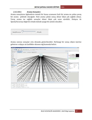 [BEYAZ	
  ŞAPKALI	
  HACKER	
  EĞİTİMİ]	
   BGA	
  
	
  
BİLGİ	
  GÜVENLİĞİ	
  AKADEMİSİ	
  |	
  Aktif	
  Bilgi	
  toplama	
   97	
  
	
  
2.3.3.10.3. Arama	
  Sonuçları	
  
Arama	
  sonuçlarını	
  ilgilendiren	
  önemli	
  bir	
  husus	
  aramanın	
  hızlı	
  bir	
  arama	
  mı	
  yoksa	
  yavaş	
  
bir	
   arama	
   	
   şeklinde	
   olacağıdır.	
   Hızlı	
   arama	
   çabuk	
   sonuç	
   döner	
   fakat	
   çok	
   sağlıklı	
   olmaz.	
  
Yavaş	
   arama	
   ise	
   sağlıklı	
   sonuçlar	
   döner	
   fakat	
   çok	
   uzun	
   sürebilir.	
   Dolayısı	
   ile	
  
Speed/Accuracy	
  değerini	
  ortada	
  tutmak	
  uyugn	
  bir	
  çözüm	
  olacaktır.	
  
	
  
	
  
	
  
Arama	
   sonrası	
   sonuçlar	
   orta	
   ekranda	
   gösterilecektir.	
   Herhangi	
   bir	
   sonuç	
   objesi	
   üzerine	
  
gelinirse	
  o	
  objeye	
  ait	
  özellikler	
  ekranın	
  sağ	
  kısmında	
  belirir.	
  
	
  
	
  
	
  
	
  
	
  
 
