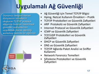 Uygulamalı	
  Ağ	
  Güvenliği	
  
Günümüz iletişim/internet
dünyasının temellerini
oluşturan TCP/IP protokol
ailesinde bulunan tasarımsal
güvenlik zaafiyetlerinin
uygulamalı olarak işlendiği
workshop tadında bir eğitimdir

• 
• 
• 
• 
• 
• 
• 
• 
• 
• 
• 
• 

Ağ	
  Güvenliği	
  için	
  Temel	
  TCP/IP	
  Bilgisi	
  	
  	
  
Hping,	
  Netcat	
  Kullanım	
  Örnekleri	
  –	
  PraNk	
  
TCP/IP	
  Protokolleri	
  ve	
  Güvenlik	
  Zaﬁyetleri	
  
ARP	
  	
  Protokolü	
  ve	
  Güvenlik	
  Zaﬁyetleri	
  
Internet	
  Protocol	
  ve	
  Güvenlik	
  Zaﬁyetleri	
  
ICMP	
  ve	
  Güvenlik	
  Zaﬁyetleri	
  
TCP/UDP	
  Protokolleri	
  ve	
  Güvenlik	
  
Zaﬁyetleri	
  
DHCP	
  ve	
  Güvenlik	
  Zaﬁyetleri	
  
DNS	
  ve	
  Güvenlik	
  Zaﬁyetleri	
  
TCP/IP	
  Ağlarda	
  Paket	
  Analizi	
  ve	
  Sniﬀer	
  
Kullanımı	
  
Network	
  Forensics	
  Temelleri	
  
Şifreleme	
  Protokolleri	
  ve	
  Güvenlik	
  
Zaﬁyetleri	
  

Powerpoint Templates

17

 