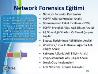 Network	
  Forensics	
  Eği3mi	
  
Bu eğitimle birlikte günümüz
bilişim dünyasının en önemli
bileşeni sayılabilecek bilgisayar
ve GSM ağlarının çalışma
mantığı, suç odaklarının internet,
GSM altyapılarını kullanarak
hangi yöntemlerle, nasıl suç
işledikleri, izlerini nasıl sildikleri
uygulamalı olarak gösterilecektir.

• 
• 
• 
• 
• 
• 
• 
• 
• 
• 
• 

Network	
  Forensics	
  Kavramları	
  
TCP/IP	
  Ağlarda	
  Protokol	
  Analizi	
  
Derinlemesine	
  Paket	
  İncelemesi(DPI)	
  
TCP/IP	
  Protokol	
  Ailesi	
  Adli	
  Bilişim	
  Analizi	
  
Ağ	
  Güvenliği	
  Cihazları	
  Ve	
  Temel	
  Çalışma	
  
Yapıları	
  
E-­‐posta	
  İleNşiminde	
  Adli	
  Bilişim	
  Analizi	
  
Windows	
  /Linux	
  Kullanılan	
  Ağlarda	
  Adli	
  
Bilişim	
  Analizi	
  
Kablosuz	
  Ağlarda	
  Adli	
  Bilişim	
  Analizi	
  
Voip	
  Sistemlerde	
  Adli	
  Bilişim	
  Analizi	
  
Örnek	
  Olay	
  İncelemeleri	
  
AnN	
  Network	
  Forensic	
  Teknikleri	
  

Powerpoint Templates

25

 