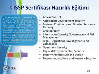 CISSP	
  Ser3ﬁkası	
  Hazırlık	
  Eği3mi	
  
CISSP (Certified Information
Systems Security Professional)
sertifikası, bilgi güvenliği
dünyasının CISO (Chief
Information Security Officer)
diploması sayılabilir. Güvenlik
alanında derinlemesine bilgi ve
deneyim, ezber yerine muhakeme
yeteneği gerektiren, saygın, sahip
olması ve sahipliğinin sürdürülmesi
güç bir sertifikadır.

•  Access	
  Control	
  
•  ApplicaNon	
  Development	
  Security	
  
•  Business	
  ConNnuity	
  and	
  Disaster	
  Recovery	
  
Planning	
  
•  Cryptography	
  
•  InformaNon	
  Security	
  Governance	
  and	
  Risk	
  
Management	
  
•  Legal,	
  RegulaNons,	
  InvesNgaNons	
  and	
  
Compliance	
  
•  OperaNons	
  Security	
  
•  Physical	
  (Environmental)	
  Security	
  
•  Security	
  Architecture	
  and	
  Design	
  
•  TelecommunicaNons	
  and	
  Network	
  Security	
  

Powerpoint Templates

28

 