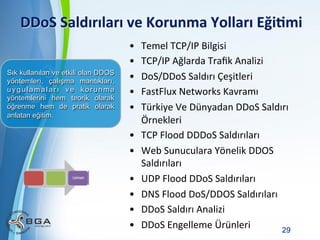 DDoS	
  Saldırıları	
  ve	
  Korunma	
  Yolları	
  Eği3mi	
  
Sık kullanılan ve etkili olan DDOS
yöntemleri, çalışma mantıkları,
uygulamaları ve korunma
yöntemlerini hem teorik olarak
öğrenme hem de pratik olarak
anlatan eğitim.

• 
• 
• 
• 
• 

Temel	
  TCP/IP	
  Bilgisi	
  
TCP/IP	
  Ağlarda	
  Traﬁk	
  Analizi	
  
DoS/DDoS	
  Saldırı	
  Çeşitleri	
  
FastFlux	
  Networks	
  Kavramı	
  
Türkiye	
  Ve	
  Dünyadan	
  DDoS	
  Saldırı	
  
Örnekleri	
  
•  TCP	
  Flood	
  DDDoS	
  Saldırıları	
  
•  Web	
  Sunuculara	
  Yönelik	
  DDOS	
  
Saldırıları	
  
•  UDP	
  Flood	
  DDoS	
  Saldırıları	
  
•  DNS	
  Flood	
  DoS/DDOS	
  Saldırıları	
  
•  DDoS	
  Saldırı	
  Analizi	
  
Powerpoint Templates
•  DDoS	
  Engelleme	
  Ürünleri	
  
29

 