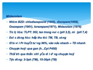  Midazolam
 Nhãm BZD: chlodiazepoxid (1955), diazepam(1959),
Oxazepam (1961), lorazepam(1971), Midazolam (1976)
 T/c lý hãa: TLPT: 362, tan trong nuíc (pH 3,5), mì (pH 7,4)
 Duîc ®éng häc: hÊp thu tèt: TM, TB, uèng
 G¾n víi Pr huyÕt tu¬ng 96%, vµo n·o nhanh TD nhanh
 ChuyÓn ho¸: qua gan (hÖ Cyt P450)
 Th¶i trõ qua thËn: chñ yÕu díi d¹ng chuyÓn ho¸
 T¸c dông: 2-3ph (TM), 15-30ph (TB)
 