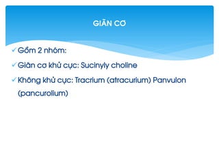 Gåm 2 nhãm:
Gi·n c¬ khö cùc: Sucinyly choline
Kh«ng khö cùc: Tracrium (atracurium) Panvulon
(pancurolium)
gi·n c¬
 