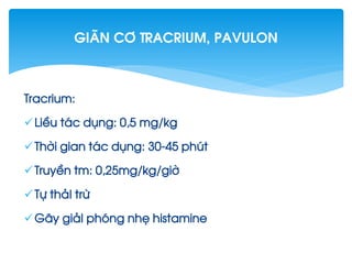 Tracrium:
LiÒu t¸c dông: 0,5 mg/kg
Thêi gian t¸c dông: 30-45 phót
TruyÒn tm: 0,25mg/kg/giê
Tù th¶I trõ
G©y gi¶I phãng nhÑ histamine
gi·n c¬ Tracrium, pavulon
 