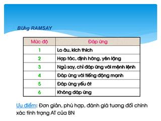  B¶ng RAMSAY
Møc ®é §¸p øng
1 Lo ©u, kÝch thÝch
2 Hîp t¸c, ®Þnh híng, yªn lÆng
3 Ngñ say, chØ ®¸p øng víi mÖnh lÖnh
4 §¸p øng víi tiÕng ®éng m¹nh
5 §¸p øng yÕu ít
6 Kh«ng ®¸p øng
¦u ®iÓm: §¬n gi¶n, phï hîp, ®¸nh gi¸ tu¬ng ®èi chÝnh
x¸c t×nh tr¹ng AT cña BN
 
