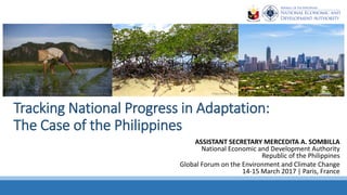 Tracking National Progress in Adaptation:
The Case of the Philippines
ASSISTANT SECRETARY MERCEDITA A. SOMBILLA
National Economic and Development Authority
Republic of the Philippines
Global Forum on the Environment and Climate Change
14-15 March 2017 | Paris, France
https://www.giz.dehttps://ccafs.cgiar.org https://www.wexas.com
 