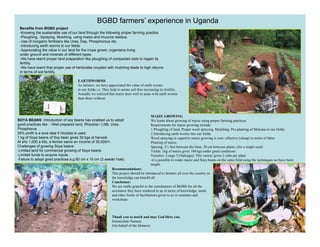 BGBD farmers’ experience in Uganda
 Benefits from BGBD project
 -Knowing the sustainable use of our land through the following proper farming practice
 -Ploughing, -Spraying, Mulching, using maize and mucuna residue,
 -Use of inorganic fertilizers like Urea, Dap, Phosphorous etc.
 -Introducing earth worms to our fields
  Introducing                       fields.
 -Appreciating the value in our land for the crops grown, organisms living
 under ground and minerals of different types.
 -We have learnt proper land preparation like ploughing of compacted soils to regain its
 fertility.
 -We have learnt that proper use of herbicides coupled with mulching leads to high returns
 in terms of soil fertility.

                                     EARTHWORMS
                                     As farmers, we have appreciated the value of earth worms
                                     in our fields i.e. They help to aerate soil thus increasing its fertility.
                                     Actually we realized that maize does well in areas with earth worms
                                     than those without.



                                                                                           MAIZE GROWING
SOYA BEANS: Introduction of soy beans has enabled us to adopt                              We learnt about growing of maize using proper farming practices.
good practices like : -Well prepared land, Rhizobia / LNB, Urea,                           Requirements for maize growing include:
Phosphorus                                                                                 1.Ploughing of land, Proper weed spraying, Mulching, Pre-planting of Mukuna in our fields,
30% profit is a sure deal if rhizobia is used.                                             2.Introducing earth worms into our fields
1 kg of Soya beans of Soy bean g
   g       y               y       gives 30 kgs at harvest.
                                              g                                            Weed spraying in regard to maize growing is cost effective (cheap) in terms of labor.
                                                                                                                                          cost-
At shs 1,000 a kilo, a farmer earns an income of 30,000/=.                                 Planting of maize.
Challenges of growing Soya beans:                                                          Spacing: 2½ feet between the lines, 30 cm between plants, (for a single seed)
-Limited land for commercial growing of Soya beans.                                        Yields: 1kg of maize gives 100 kgs under good conditions.
-Limited funds to acquire inputs.                                                          Varieties: Longe 5 (Nalongo). This variety gives 2 cobs per plant.
-Failure to adopt good practices e.g 60 cm x 10 cm (2 seeds/ hole)                         -it is possible to rotate maize and Soya beans on the same field using the techniques we have been
                                                                                           taught.
                                                              Recommendations:
                                                              This project should be introduced to farmers all over the country as
                                                              the knowledge can benefit all.
                                                              Conclusion:
                                                              We are really grateful to the coordinators of BGBD for all the
                                                              assistance they have rendered to us in terms of knowledge, seeds
                                                              and other forms of facilitations given to us in seminars and
                                                              workshops.
                                                                       p



                                                              Thank you so much and may God bless you.
                                                              Immaculate Namata
                                                              (On behalf of the farmers)
 