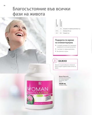 18
40050%
5100%
250–
Благосъстояние във всички
фази на живота
Калций (mg)
Витамин D3 (µg)
Екстракт от червена детелина (mg)
задневнадоза
абсолютно
задневнадоза
NRV
Подкрепа по време
на климактериума
	С калций и витамин D за запазване
нормалното състояние на костите
	С екстракт от червена детелина
	Без лактоза и глутен
Важно
Хранете се разнообразно и баланси-
рано и водете здравословен начин на
живот.
80332
59,90 лв.
(127,99 лв. за 100 г)
Woman Phyto activ
Препоръчителен прием:
3 х 1 капсула дневно
90 капсули / 46,8 г
 