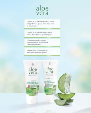 Най-високо съдържание на
Алое Вера и биоекстракти
Повече от 10.000.000 души, на които
продуктите за грижа Алое Вера вече
са помогнали
Повече от 30.000.000 литра гел за
пиене Алое Вера за десет години
LR е един от най-големите
производители на продукти
с Алое Вера в света
 