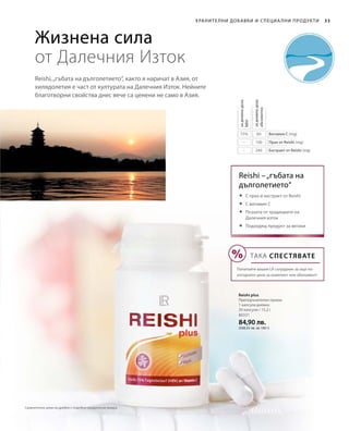 80331
84,90 лв.
(558,55 лв. за 100 г)
60
100
240
75%
–
–
33Хранителни добавки и специа лни продукти
Reishi,„гъбата на дълголетието“, както я наричат в Азия, от
хилядолетия е част от културата на Далечния Изток. Нейните
благотворни свойства днес вече са ценени не само в Азия.
Жизнена сила
от Далечния Изток
Витамин С (mg)
Прах от Reishi (mg)
Екстракт от Reishi (mg)
задневнадоза
абсолютно
задневнадоза
NRV
Reishi –„гъбата на
дълголетието“
Reishi plus
Препоръчителен прием:
1 капсула дневно
30 капсули / 15,2 г
	С прах и екстракт от Reishi
	С витамин С
	Позната от традициите на
Далечния изток
	Подходящ продукт за вегани
ТАКА СПЕСТЯВАТЕ
Попитайте вашия LR сътрудник за още по-
изгодните цени за комплект или абонамент!
Сравнителни цени на дребно с подобни продукти на пазара
 