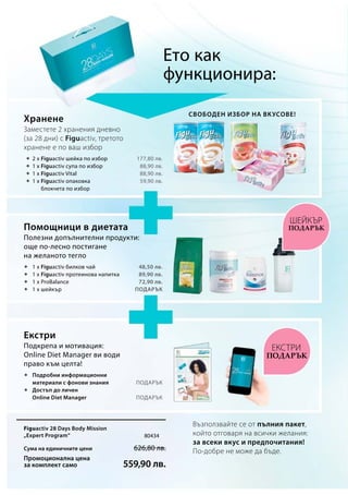 177,80 лв.
88,90 лв.
88,90 лв.
59,90 лв.
	
	
	
	
48,50 лв.
89,90 лв.
72,90 лв.
Подарък
	
	
	
	
Подарък
Подарък
	
	
	
	
Сума на единичните цени 626,80 лв.
Промоционална цена
за комплект само 559,90 лв.
80434
Възползвайте се от пълния пакет,
който отговаря на всички желания:
за всеки вкус и предпочитания!
По-добре не може да бъде.
шейкър
Ето как
функционира:
Свободен избор на вкусове!
Заместете 2 хранения дневно
(за 28 дни) с Figuactiv, третото
хранене е по ваш избор
2 x Figuactiv шейка по избор
1 x Figuactiv супа по избор
1 x Figuactiv Vital
1 x Figuactiv опаковка
блокчета по избор
Хранене
Полезни допълнителни продукти:
още по-лесно постигане
на желаното тегло
1 x Figuactiv билков чай
1 x Figuactiv протеинова напитка
1 x ProBalance
1 x шейкър
Помощници в диетата
Подкрепа и мотивация:
Online Diet Manager ви води
право към целта!
Подробни информационни
материали с фонови знания
Достъп до личен
Online Diеt Manager
Екстри
Figuactiv 28 Days Body Mission
„Expert Program“
Подарък
Екстри
Подарък
 