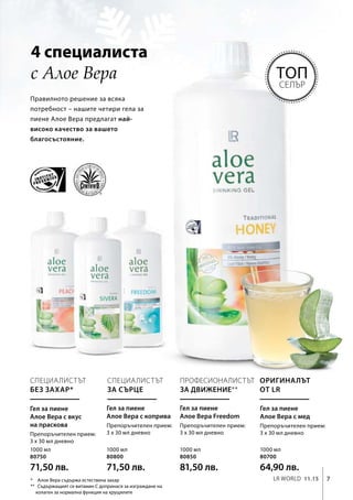 4 специалиста
с Алое Вера
Правилното решение за всяка
потребност – нашите четири гела за
пиене Алое Вера предлагат най-
високо качество за вашето
благосъстояние.
Оригиналът
от LR
Професионалистът
за движение**
Специалистът
за сърце
Специалистът
без захар*
*	Алое Вера съдържа естествена захар
** 	Съдържащият се витамин С допринася за изграждане на
колаген за нормална функция на хрущялите
Гел за пиене
Алое Вера с вкус
на праскова
Препоръчителен прием:
3 х 30 мл дневно
Гел за пиене
Алое Вера с коприва
Препоръчителен прием:
3 х 30 мл дневно
Гел за пиене
Алое Вера Freedom
Препоръчителен прием:
3 х 30 мл дневно
Гел за пиене
Алое Вера с мед
Препоръчителен прием:
3 х 30 мл дневно
1000 мл
80750
71,50 лв.
1000 мл
80800
71,50 лв.
1000 мл
80850
81,50 лв.
1000 мл
80700
64,90 лв.
7LR world 11.15
Топ
селър
 