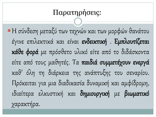 Παρατηρήσεις:
Η σύνδεση μεταξύ των τεχνών και των μορφών θανάτου
έγινε επιλεκτικά και είναι ενδεικτική . Εμπλουτίζεται
κάθε φορά με πρόσθετο υλικό είτε από το διδάσκοντα
είτε από τους μαθητές. Τα παιδιά συμμετέχουν ενεργά
καθ’ όλη τη διάρκεια της ανάπτυξης του σεναρίου.
Πρόκειται για μια διαδικασία δυναμική και αμφίδρομη,
ιδιαίτερα ελκυστική και δημιουργική με βιωματικό
χαρακτήρα.
 
