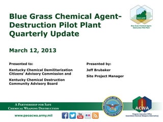 Blue Grass Chemical Agent-
Destruction Pilot Plant
Quarterly Update
March 12, 2013
Presented to:
Kentucky Chemical Demilitarization
Citizens’ Advisory Commission and
Kentucky Chemical Destruction
Community Advisory Board
Presented by:
Jeff Brubaker
Site Project Manager
 