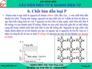 BÀI GIẢNG MÔN
CẤU KIỆN ĐIỆN TỬ & QUANG ĐIỆN TỬ
www.ptit.edu.vn GIẢNG VIÊN: ThS. Trần Thục Linh
BỘ MÔN: Kỹ thuật điện tử - KHOA KTĐT1
Trang 16
b. Chất bán dẫn loại P
Thêm một ít tạp chất là nguyên tố thuộc nhóm 3(In, Bo, Ga…) vào chất bán dẫn
thuần Ge (Si). Trong nút mạng, nguyên tử tạp chất chỉ có 3 điện tử hóa trị đưa ra
tạo liên kết cộng hóa trị với 3 nguyên tử Ge (Si) ở bên cạnh, mối liên kết thứ 4
để trống và tạo thành một lỗ trống. Điện tử của mối liên kết gần đó có thể nhảy
sang để hoàn chỉnh mối liên kết thứ 4 còn để trống đó. Nguyên tử tạp chất vừa
nhận thêm điện tử sẽ trở thành ion âm và ngược lại ở nguyên tử Ge/Si vừa có 1
điện tử chuyển đi sẽ tạo ra một lỗ trống và nguyên tử này sẽ trở thành ion dương
cố định
E
EC
EA
EV
Vùng dẫn
Vùng hoá trị
Mức nhận 0,01eV
EG
+4 +4 +4
+4 +3 +4
+4 +4 +4
Si
Si
Si
Si
In
Si
Si
Si
Si
 