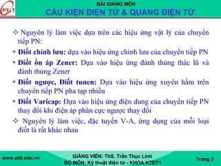 BÀI GIẢNG MÔN
CẤU KIỆN ĐIỆN TỬ & QUANG ĐIỆN TỬ
www.ptit.edu.vn GIẢNG VIÊN: ThS. Trần Thục Linh
BỘ MÔN: Kỹ thuật điện tử - KHOA KTĐT1
Trang 3
Nguyên lý làm việc dựa trên các hiệu ứng vật lý của chuyển
tiếp PN:
Điốt chỉnh lưu: dựa vào hiệu ứng chỉnh lưu của chuyển tiếp PN
Điốt ổn áp Zener: Dựa vào hiệu ứng đánh thủng thác lũ và
đánh thủng Zener
Điốt ngược, Điốt tunen: Dựa vào hiệu ứng xuyên hầm trên
chuyển tiếp PN pha tạp nhiều
Điốt Varicap: Đựa vào hiệu ứng điện dung của chuyển tiếp PN
thay đổi khi điện áp phân cực ngược thay đổi
Nguyên lý làm việc, đặc tuyến V-A, ứng dụng của mỗi loại
điốt là rất khác nhau
 