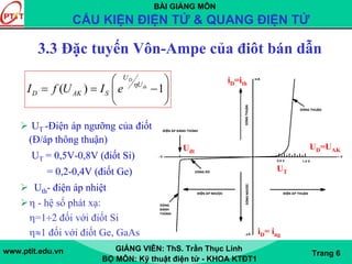BÀI GIẢNG MÔN
CẤU KIỆN ĐIỆN TỬ & QUANG ĐIỆN TỬ
www.ptit.edu.vn GIẢNG VIÊN: ThS. Trần Thục Linh
BỘ MÔN: Kỹ thuật điện tử - KHOA KTĐT1
Trang 6
3.3 Đặc tuyến Vôn-Ampe của điôt bán dẫn
UT -Điện áp ngưỡng của điốt
(Đ/áp thông thuận)
UT = 0,5V-0,8V (điốt Si)
= 0,2-0,4V (điốt Ge)
Uth- điện áp nhiệt
η - hệ số phát xạ:
η=1÷2 đối với điốt Si
η≈1 đối với điốt Ge, GaAs
UD=UAKUđt
UT
iD=ith
iD= ing
( ) 1
D
th
U
U
D AK SI f U I e η⎛ ⎞
= = −⎜ ⎟
⎝ ⎠
 