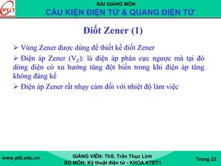 BÀI GIẢNG MÔN
CẤU KIỆN ĐIỆN TỬ & QUANG ĐIỆN TỬ
www.ptit.edu.vn GIẢNG VIÊN: ThS. Trần Thục Linh
BỘ MÔN: Kỹ thuật điện tử - KHOA KTĐT1
Trang 22
Điốt Zener (1)
Vùng Zener được dùng để thiết kế điốt Zener
Điện áp Zener (VZ): là điện áp phân cực ngược mà tại đó
dòng điện có xu hướng tăng đột biến trong khi điện áp tăng
không đáng kể
Điện áp Zener rất nhạy cảm đối với nhiệt độ làm việc
 