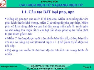 BÀI GIẢNG MÔN
CẤU KIỆN ĐIỆN TỬ & QUANG ĐIỆN TỬ
www.ptit.edu.vn GIẢNG VIÊN: ThS. Trần Thục Linh
BỘ MÔN: Kỹ thuật điện tử - KHOA KTĐT1
Trang 3
1.1. Cấu tạo BJT loại pnp, npn
Nồng độ pha tạp của miền E là khá cao, Miền B có nồng độ vừa
phải kích thước khá mỏng, miền C có nồng độ pha tạp thấp. Miền
phát có khả năng phát xạ các hạt dẫn sang miền gốc B, miền góp
có khả năng thu nhận tất cả các hạt dẫn được phát xạ từ miền phát
E qua miền gốc B tới
Miền C thường được nuôi trên phiến bán dẫn đế, có lớp bán dẫn
vùi sâu có nồng độ cao (Buried layer n++) để giảm trị số điện trở
nối tiếp
Độ rộng của miền B nhỏ hơn độ dài khuếch tán trung bình rất
nhiều
 