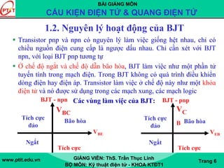 BÀI GIẢNG MÔN
CẤU KIỆN ĐIỆN TỬ & QUANG ĐIỆN TỬ
www.ptit.edu.vn GIẢNG VIÊN: ThS. Trần Thục Linh
BỘ MÔN: Kỹ thuật điện tử - KHOA KTĐT1
Trang 6
1.2. Nguyên lý hoạt động của BJT
Transistor pnp và npn có nguyên lý làm việc giống hệt nhau, chỉ có
chiều nguồn điện cung cấp là ngược dấu nhau. Chỉ cần xét với BJT
npn, với loại BJT pnp tương tự
Ở chế độ ngắt và chế độ dẫn bão hòa, BJT làm việc như một phần tử
tuyến tính trong mạch điện. Trong BJT không có quá trình điều khiển
dòng điện hay điện áp. Transistor làm việc ở chế độ này như một khóa
điện tử và nó được sử dụng trong các mạch xung, các mạch logic
Các vùng làm việc của BJT:
VBE
VBC
Tích cực
Tích cực
đảo
Bão hòa
Ngắt
BJT - npn
VEB
VC
B
Tích cực
Tích cực
đảo
Bão hòa
Ngắt
BJT - pnp
 