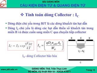 BÀI GIẢNG MÔN
CẤU KIỆN ĐIỆN TỬ & QUANG ĐIỆN TỬ
www.ptit.edu.vn GIẢNG VIÊN: ThS. Trần Thục Linh
BỘ MÔN: Kỹ thuật điện tử - KHOA KTĐT1
Trang 13
Tính toán dòng Collector : IC
Dòng điện chủ yếu trong BJT là các dòng khuếch tán hạt dẫn
Dòng IC chủ yếu là dòng các hạt dẫn thiểu số khuếch tán trong
miền B và được cuốn sang miền C qua chuyển tiếp collector
0n pB E
S
B
qD n A
I
W
⎛ ⎞
= ⎜ ⎟
⎝ ⎠
IS- dòng Collector bão hòa
 