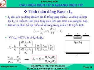 BÀI GIẢNG MÔN
CẤU KIỆN ĐIỆN TỬ & QUANG ĐIỆN TỬ
www.ptit.edu.vn GIẢNG VIÊN: ThS. Trần Thục Linh
BỘ MÔN: Kỹ thuật điện tử - KHOA KTĐT1
Trang 14
Tính toán dòng Base : IB
IB chủ yếu do dòng khuếch tán lỗ trống sang miền E và dòng tái hợp
tại TE và miền B, tính toán dòng điện trên cực B bỏ qua dòng tái hợp.
Giả sử sự phân bố hạt thiểu số lỗ trống trong miền E là tuyến tính
Vì VBE>>KT/q ta có IB=IC/β0 :
aB
dE
nE
pB
N
N
p
n
=
0
0
0
0
n pBo E
pBBC n E
F
p nEo EB p nE B
E
qD n A
nWI D W
qD p AI D p W
W
β
⎛ ⎞
⎜ ⎟ ⎛ ⎞⎛ ⎞⎛ ⎞⎝ ⎠= = = ⎜ ⎟⎜ ⎟⎜ ⎟⎜ ⎟⎛ ⎞ ⎝ ⎠⎝ ⎠⎝ ⎠
⎜ ⎟
⎝ ⎠
BaBp
EdEn
F
WND
WND
== 0ββ
 