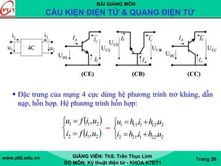 BÀI GIẢNG MÔN
CẤU KIỆN ĐIỆN TỬ & QUANG ĐIỆN TỬ
www.ptit.edu.vn GIẢNG VIÊN: ThS. Trần Thục Linh
BỘ MÔN: Kỹ thuật điện tử - KHOA KTĐT1
Trang 26
CIBI
EI
UBE
UCE
(CE)
UBC
CI
BI EI
UEC
(CC)
CI
BI
EI
UEB
UCB
(CB)
4C
i1 i2
u2
u1
Đặc trưng của mạng 4 cực dùng hệ phương trình trở kháng, dẫn
nạp, hỗn hợp. Hệ phương trình hỗn hợp:
( )
( )⎩
⎨
⎧
=
=
212
211
,
,
uifi
uifu
⎩
⎨
⎧
+=
+=
2221212
2121111
..
..
uhihi
uhihu
 