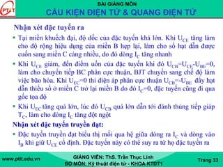 BÀI GIẢNG MÔN
CẤU KIỆN ĐIỆN TỬ & QUANG ĐIỆN TỬ
www.ptit.edu.vn GIẢNG VIÊN: ThS. Trần Thục Linh
BỘ MÔN: Kỹ thuật điện tử - KHOA KTĐT1
Trang 33
Tại miền khuếch đại, độ dốc của đặc tuyến khá lớn. Khi UCE tăng làm
cho độ rộng hiệu dụng của miền B hẹp lại, làm cho số hạt dẫn được
cuốn sang miền C càng nhiều, do đó dòng IC tăng nhanh
Khi UCE giảm, đến điểm uốn của đặc tuyến khi đó UCB=UCE-UBE=0,
làm cho chuyển tiếp BC phân cực thuận, BJT chuyển sang chế độ làm
việc bão hòa. Khi UEC=0 thi điện áp phân cực thuận UCB=-UBE đẩy hạt
dẫn thiểu số ở miền C trở lại miền B do đó IC=0, đặc tuyến cũng đi qua
gốc tọa độ
Khi UEC tăng quá lớn, lúc đó UCB quá lớn dẫn tới đánh thủng tiếp giáp
TC, làm cho dòng IC tăng đột ngột
Nhận xét đặc tuyến truyền đạt:
Đặc tuyến truyền đạt biểu thị mối qua hệ giữa dòng ra IC và dòng vào
IB khi giữ UCE cố định. Đặc tuyến này có thể suy ra từ họ đặc tuyến ra
Nhận xét đặc tuyến ra
 