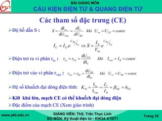 BÀI GIẢNG MÔN
CẤU KIỆN ĐIỆN TỬ & QUANG ĐIỆN TỬ
www.ptit.edu.vn GIẢNG VIÊN: ThS. Trần Thục Linh
BỘ MÔN: Kỹ thuật điện tử - KHOA KTĐT1
Trang 35
Các tham số đặc trưng (CE)
Độ hỗ dẫn S :
Điện trở ra vi phân rra :
Điện trở vào vi phân rvào :
Hệ số khuếch đại dòng điện tĩnh:
Ki0 khá lớn, mạch CE có thể khuếch đại dòng điện
Đặc điểm của mạch CE (Xem giáo trình)
constUUkhi
dU
dI
S CEra
BE
C
====
Vao
ra
dU
dI
constIIkhirr BvàoCEra ====
C
CE
dI
dU
constUUkhirr BEraBEvào ====
B
BE
dI
dU
FEDC
B
C
i h
I
I
K ==== β
vào
ra
0
I
I
th
BE
th
BE
V
U
th
SV
U
SC e
V
I
SeII =⇒= .
 