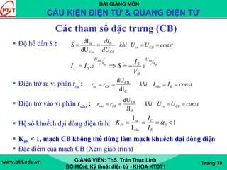BÀI GIẢNG MÔN
CẤU KIỆN ĐIỆN TỬ & QUANG ĐIỆN TỬ
www.ptit.edu.vn GIẢNG VIÊN: ThS. Trần Thục Linh
BỘ MÔN: Kỹ thuật điện tử - KHOA KTĐT1
Trang 39
Các tham số đặc trưng (CB)
Độ hỗ dẫn S :
Điện trở ra vi phân rra :
Điện trở vào vi phân rvào :
Hệ số khuếch đại dòng điện tĩnh:
Ki0 < 1, mạch CB không thể dùng làm mạch khuếch đại dòng điện
Đặc điểm của mạch CB (Xem giáo trình)
constUUkhi
dU
dI
S CBra
EB
C
====
Vao
ra
dU
dI
constIIkhirr EvàoCBra ====
C
CB
dI
dU
constUUkhirr CBraEBvào ====
B
EB
dI
dU
1
I
I
0
vào
ra
0 <=== α
E
C
i
I
I
K
th
BE
th
BE
V
U
th
SV
U
SC e
V
I
SeII −=⇒= .
 