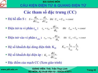 BÀI GIẢNG MÔN
CẤU KIỆN ĐIỆN TỬ & QUANG ĐIỆN TỬ
www.ptit.edu.vn GIẢNG VIÊN: ThS. Trần Thục Linh
BỘ MÔN: Kỹ thuật điện tử - KHOA KTĐT1
Trang 43
Các tham số đặc trưng (CC)
Độ hỗ dẫn S :
Điện trở ra vi phân rra :
Điện trở vào vi phân rvào :
Hệ số khuếch đại dòng điện tĩnh: Ki0
Hệ số khuếch đại điện áp :
Đặc điểm của mạch CC (Xem giáo trình)
constUUkhi
dU
dI
S ECra
BC
E
====
Vao
ra
dU
dI
constIIkhirr BvàoECra ====
E
EC
dI
dU
constUUkhirr ECraBCvào ====
B
BC
dI
dU
B
E
i
I
I
K ==
vào
ra
0
I
I
vào
ra
dU
dU
=UK
 