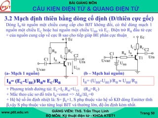 BÀI GIẢNG MÔN
CẤU KIỆN ĐIỆN TỬ & QUANG ĐIỆN TỬ
www.ptit.edu.vn GIẢNG VIÊN: ThS. Trần Thục Linh
BỘ MÔN: Kỹ thuật điện tử - KHOA KTĐT1
Trang 50
3.2 Mạch định thiên bằng dòng cố định (Đ/thiên cực gốc)
IB= (EC-UBE)/RB≈ EC/RB
Ura
Uvao
C2
C1
Ec
T1
RCRB
IB
IC
UCE
+
+
UBB
Uvao
C1
Ura
C2
Ec
T1
RC
RB
+
IB
IC
(a- Mạch 1 nguồn) (b – Mạch hai nguồn)
IB= (UBB-UBE)/RB ≈ UBB/RB
Dòng IB từ nguồn một chiều cung cấp cho BJT không đổi, có thể dùng mạch 1
nguồn một chiều EC hoặc hai nguồn một chiều UBB và EC. Điện trở RB đấu từ cực
+ của nguồn cung cấp về cực B sao cho tiếp giáp BE phân cực thuận..
+ Phương trình đường tải: EC=IC.Rt0+UCE (Rt0=RC)
+ Mắc theo các sơ đồ trên IB=const => ΔIB/ΔIC=0
+ Hệ hệ số ổn định nhiệt là: S= β0+1, S phụ thuộc vào hệ số KĐ dòng Emitter tĩnh
β,vậy S phụ thuộc vào từng loại BJT và thường lớn, độ ổn định kém nhất.
 