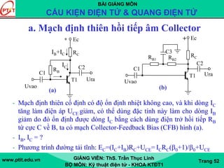 BÀI GIẢNG MÔN
CẤU KIỆN ĐIỆN TỬ & QUANG ĐIỆN TỬ
www.ptit.edu.vn GIẢNG VIÊN: ThS. Trần Thục Linh
BỘ MÔN: Kỹ thuật điện tử - KHOA KTĐT1
Trang 52
a. Mạch định thiên hồi tiếp âm Collector
- Mạch định thiên cố định có độ ổn định nhiệt không cao, và khi dòng IC
tăng làm điện áp UCE giảm, có thể dùng đặc tính này làm cho dòng IB
giảm do đó ổn định được dòng IC bằng cách dùng điện trở hồi tiếp RB
từ cực C về B, ta có mạch Collector-Feedback Bias (CFB) hình (a).
- IB, IC = ?
- Phương trình đường tải tĩnh: EC=(IC+IB)RC+UCE= ICRC(β0+1)/β0+UCE
Ura
Uvao
C2
C1
Ec
T1
RC
RB
IC
+
IB+IC C3
Uvao
C1
RB1
Ura
C2
Ec
T1
RCRB2
+
(a) (b)
 