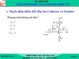 BÀI GIẢNG MÔN
CẤU KIỆN ĐIỆN TỬ & QUANG ĐIỆN TỬ
www.ptit.edu.vn GIẢNG VIÊN: ThS. Trần Thục Linh
BỘ MÔN: Kỹ thuật điện tử - KHOA KTĐT1
Trang 55
c. Mạch định thiên hồi tiếp âm Collector và Emitter
Ura
Uvao
C2
C1
Ec
T1
RC
RB
IC
+
IB+IC
RE
?=BI
?=CI
?=S
?=CEU
Phương trình đường tải tĩnh ?
 