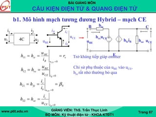 BÀI GIẢNG MÔN
CẤU KIỆN ĐIỆN TỬ & QUANG ĐIỆN TỬ
www.ptit.edu.vn GIẢNG VIÊN: ThS. Trần Thục Linh
BỘ MÔN: Kỹ thuật điện tử - KHOA KTĐT1
Trang 67
b1. Mô hình mạch tương đương Hybrid – mạch CE
4C
i1 i2
u2
u1
e
uB
BE
ie r
i
u
hh
CE
===
=0
11
12
0B
BE
re
CE i
u
h h
u =
= =
0
0
21 β===
=CEub
c
fe
i
i
hh
0
22
=
==
BiCE
c
oe
u
i
hh
Ei
uBE
uCE
Bi Ci
Trở kháng tiếp giáp emitter
Chỉ sử phụ thuộc của uBE vào uCE,
hre rất nhỏ thường bỏ qua
B
E
Chie
hoehfeiBuBE
uCE
hreuCE
 