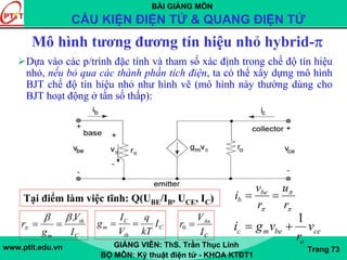 BÀI GIẢNG MÔN
CẤU KIỆN ĐIỆN TỬ & QUANG ĐIỆN TỬ
www.ptit.edu.vn GIẢNG VIÊN: ThS. Trần Thục Linh
BỘ MÔN: Kỹ thuật điện tử - KHOA KTĐT1
Trang 73
Mô hình tương đương tín hiệu nhỏ hybrid-π
Dựa vào các p/trình đặc tính và tham số xác định trong chế độ tín hiệu
nhỏ, nếu bỏ qua các thành phần tích điện, ta có thể xây dựng mô hình
BJT chế độ tín hiệu nhỏ như hình vẽ (mô hình này thường dùng cho
BJT hoạt động ở tần số thấp):
Tại điểm làm việc tĩnh: Q(UBE/IB, UCE, IC)
C
th
m I
V
g
r
.ββ
π == C
th
C
m I
kT
q
V
I
g ==
C
An
I
V
r =0
1
c m be ce
o
i g v v
r
= +
π
π
π r
u
r
v
i be
b ==
 