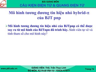 BÀI GIẢNG MÔN
CẤU KIỆN ĐIỆN TỬ & QUANG ĐIỆN TỬ
www.ptit.edu.vn GIẢNG VIÊN: ThS. Trần Thục Linh
BỘ MÔN: Kỹ thuật điện tử - KHOA KTĐT1
Trang 74
Mô hình tương đương tín hiệu nhỏ hybrid-π
của BJT pnp
Mô hình tương đương tín hiệu nhỏ của BJTpnp có thể được
suy ra từ mô hình của BJTnpn đã trình bày. Sinh viên tự vẽ và
tính tham số cho mô hình này?
 