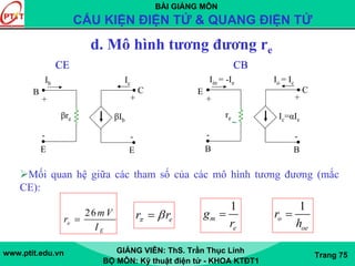 BÀI GIẢNG MÔN
CẤU KIỆN ĐIỆN TỬ & QUANG ĐIỆN TỬ
www.ptit.edu.vn GIẢNG VIÊN: ThS. Trần Thục Linh
BỘ MÔN: Kỹ thuật điện tử - KHOA KTĐT1
Trang 75
d. Mô hình tương đương re
CE CB
Mối quan hệ giữa các tham số của các mô hình tương đương (mắc
CE):
er rπ β=
1
m
e
g
r
=
1
o
oe
r
h
=26
e
E
mV
r
I
=
Ic=αIe
R11k
B B
E C
Iin = -Ie Io = Ic
+ +
- -
reβIb
R11k
E E
B C
Ib Ic
+ +
- -
βre
 
