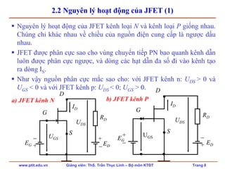 www.ptit.edu.vn Giảng viên: ThS. Trần Thục Linh – Bộ môn KTĐT Trang 8
2.2 Nguyên lý hoạt động của JFET (1)
Nguyên lý hoạt động của JFET kênh loại N và kênh loại P giống nhau.
Chúng chỉ khác nhau về chiều của nguồn điện cung cấp là ngược dấu
nhau.
JFET được phân cực sao cho vùng chuyển tiếp PN bao quanh kênh dẫn
luôn được phân cực ngược, và dòng các hạt dẫn đa số đi vào kênh tạo
ra dòng IS.
Như vậy nguồn phân cực mắc sao cho: với JFET kênh n: UDS > 0 và
UGS < 0 và với JFET kênh p: UDS < 0; UGS > 0.
a) JFET kênh N
EG
−
+ ED
+
−
RD
D
G
S
UGS
UDS
ID
EG
+
− ED
−
+
RD
D
G
S
UGS
UDS
ID
b) JFET kênh P
 