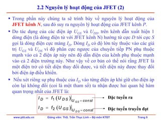 www.ptit.edu.vn Giảng viên: ThS. Trần Thục Linh – Bộ môn KTĐT Trang 9
2.2 Nguyên lý hoạt động của JFET (2)
Trong phần này chúng ta sẽ trình bày về nguyên lý hoạt động của
JFET kênh N, sau đó suy ra nguyên lý hoạt động của JFET kênh P.
Do tác dụng của các điện áp UGS và UDS, trên kênh dẫn xuất hiện 1
dòng điện (là dòng điện tử với JFET kênh N) hướng từ cực D tới cực S
gọi là dòng điện cực máng ID. Dòng ID có độ lớn tùy thuộc vào các giá
trị UGS và UDS vì độ phân cực ngược của chuyển tiếp PN phụ thuộc
mạnh vào cả 2 điện áp này nên độ dẫn điện của kênh phụ thuộc mạnh
vào cả 2 điện trường này. Như vậy về cơ bản có thể nói rằng JFET là
một điện trở có tiết diện thay đổi được, và tiết diện này được thay đổi
bởi điện áp điều khiển.
Nếu xét riêng sự phụ thuộc của ID vào từng điện áp khi giữ cho điện áp
còn lại không đổi (coi là một tham số) ta nhận được hai quan hệ hàm
quan trọng nhất của JFET là:
( )
( )
GS
D S
D D S U const
D GS U const
I f U
I f U
=
=
=
=
1
2
Đặc tuyến ra
Đặc tuyến truyền đạt
 
