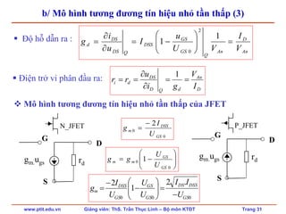 www.ptit.edu.vn Giảng viên: ThS. Trần Thục Linh – Bộ môn KTĐT Trang 31
b/ Mô hình tương đương tín hiệu nhỏ tần thấp (3)
D
An
dQD
DS
di
I
V
gi
u
rr ==
∂
∂
==
1Điện trở vi phân đầu ra:
N_JFET P_JFET
gm.ugs rd
D
S
G
gm.ugs rd
D
S
G
000
.2
1
2
GS
DSSDS
GS
GS
GS
DSS
m
U
II
U
U
U
I
g
−
=⎟⎟
⎠
⎞
⎜⎜
⎝
⎛
−
−
=
An
D
An
Q
GS
GS
DSS
QDS
DS
d
V
I
VU
u
I
u
i
g =⎟⎟
⎠
⎞
⎜⎜
⎝
⎛
−=
∂
∂
=
1
1
2
0
Độ hỗ dẫn ra :
0
0
2
GS
DSS
m
U
I
g
−
=
⎟⎟
⎠
⎞
⎜⎜
⎝
⎛
−=
0
0 1
GS
GS
mm
U
U
gg
Mô hình tương đương tín hiệu nhỏ tần thấp của JFET
 