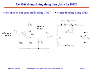 www.ptit.edu.vn Giảng viên: ThS. Trần Thục Linh – Bộ môn KTĐT Trang 32
2.6 Một số mạch ứng dụng đơn giản của JFET
G
D
S
+
-
RG
RS
RL
VDD
Q1
CC
CS
®Çu v µo
m¹ c h
®Çu r a
m¹ c h
Bộ khuếch đại xoay chiều dùng JFET
+
-
D S
G
VS
RL
VRL
VDS
IDS(b· o hoµ)
Mạch ổn dòng dùng JFET
 