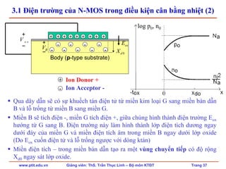 www.ptit.edu.vn Giảng viên: ThS. Trần Thục Linh – Bộ môn KTĐT Trang 37
3.1 Điện trường của N-MOS trong điều kiện cân bằng nhiệt (2)
Qua dây dẫn sẽ có sự khuếch tán điện tử từ miền kim loại G sang miền bán dẫn
B và lỗ trống từ miền B sang miền G.
Miền B sẽ tích điện -, miền G tích điện +, giữa chúng hình thành điện trường Eox
hướng từ G sang B. Điện trường này làm hình thành lớp điện tích dương ngay
dưới đáy của miền G và miền điện tích âm trong miền B ngay dưới lớp oxide
(Do Eox cuốn điện tử và lỗ trống ngược với dòng ktán)
Miền điện tích – trong miền bán dẫn tạo ra một vùng chuyển tiếp có độ rộng
Xd0 ngay sát lớp oxide.
log p0, n0
Body (p-type substrate)
0dX
+
−
o xV
+
−
BV
oxE
+
-
+ + + + + + + +
-
-
-
-
-
-
-
-
+
-
Ion Donor +
Ion Acceptor -
 