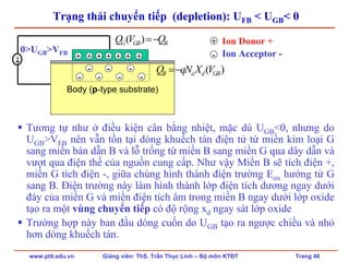 www.ptit.edu.vn Giảng viên: ThS. Trần Thục Linh – Bộ môn KTĐT Trang 46
Trạng thái chuyển tiếp (depletion): UFB < UGB< 0
Tương tự như ở điều kiện cân bằng nhiệt, mặc dù UGB<0, nhưng do
UGB>VFB nên vẫn tồn tại dòng khuếch tán điện tử từ miền kim loại G
sang miền bán dẫn B và lỗ trống từ miền B sang miền G qua dây dẫn và
vượt qua điện thế của nguồn cung cấp. Như vậy Miền B sẽ tích điện +,
miền G tích điện -, giữa chúng hình thành điện trường Eox hướng từ G
sang B. Điện trường này làm hình thành lớp điện tích dương ngay dưới
đáy của miền G và miền điện tích âm trong miền B ngay dưới lớp oxide
tạo ra một vùng chuyển tiếp có độ rộng xd ngay sát lớp oxide
Trường hợp này ban đầu dòng cuốn do UGB tạo ra ngược chiều và nhỏ
hơn dòng khuếch tán.
Body (p-type substrate)
-+
( )B a d GBQ qN X V=−
( )G GB BQ V Q=−
0>UGB>VFB
+ + + + + + +
-
-
-
-
-
-
-
+
-
Ion Donor +
Ion Acceptor -
 