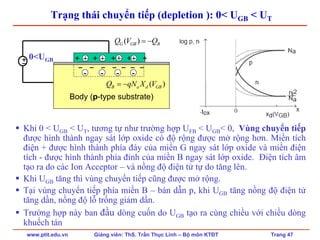 www.ptit.edu.vn Giảng viên: ThS. Trần Thục Linh – Bộ môn KTĐT Trang 47
Trạng thái chuyển tiếp (depletion ): 0< UGB < UT
Khi 0 < UGB < UT, tương tự như trường hợp UFB < UGB< 0, Vùng chuyển tiếp
được hình thành ngay sát lớp oxide có độ rộng được mở rộng hơn. Miền tích
điện + được hình thành phía đáy của miền G ngay sát lớp oxide và miền điện
tích - được hình thành phía đỉnh của miền B ngay sát lớp oxide. Điện tích âm
tạo ra do các Ion Acceptor – và nồng độ điện tử tự do tăng lên.
Khi UGB tăng thì vùng chuyển tiếp cũng được mở rộng.
Tại vùng chuyển tiếp phía miền B – bán dẫn p, khi UGB tăng nồng độ điện tử
tăng dần, nồng độ lỗ trống giảm dần.
Trường hợp này ban đầu dòng cuốn do UGB tạo ra cùng chiều với chiều dòng
khuếch tán
Body (p-type substrate)
+ + + + ++−
− − − − − − −
0<UGB
( )B a d GBQ qN X V= −
( )G GB BQ V Q= −
+ + + +
- - - -
 