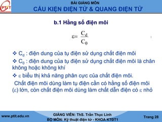 BÀI GIẢNG MÔN
CẤU KIỆN ĐIỆN TỬ & QUANG ĐIỆN TỬ
www.ptit.edu.vn GIẢNG VIÊN: ThS. Trần Thục Linh
BỘ MÔN: Kỹ thuật điện tử - KHOA KTĐT1
Trang 28
b.1 Hằng số điện môi
Cd : điện dung của tụ điện sử dụng chất điện môi
C0 : điện dung của tụ điện sử dụng chất điện môi là chân
không hoặc không khí
ε biểu thị khả năng phân cực của chất điện môi.
Chất điện môi dùng làm tụ điện cần có hằng số điện môi
(ε) lớn, còn chất điện môi dùng làm chất dẫn điện có ε nhỏ
d
0
C
C
(kh«ng thø nguyªn)ε=
 
