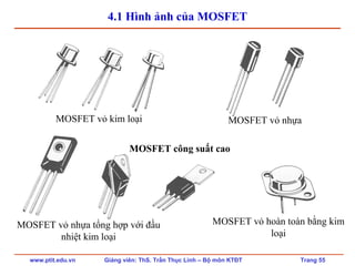 www.ptit.edu.vn Giảng viên: ThS. Trần Thục Linh – Bộ môn KTĐT Trang 55
4.1 Hình ảnh của MOSFET
MOSFET công suất cao
MOSFET vỏ kim loại MOSFET vỏ nhựa
MOSFET vỏ nhựa tổng hợp với đầu
nhiệt kim loại
MOSFET vỏ hoàn toàn bằng kim
loại
 